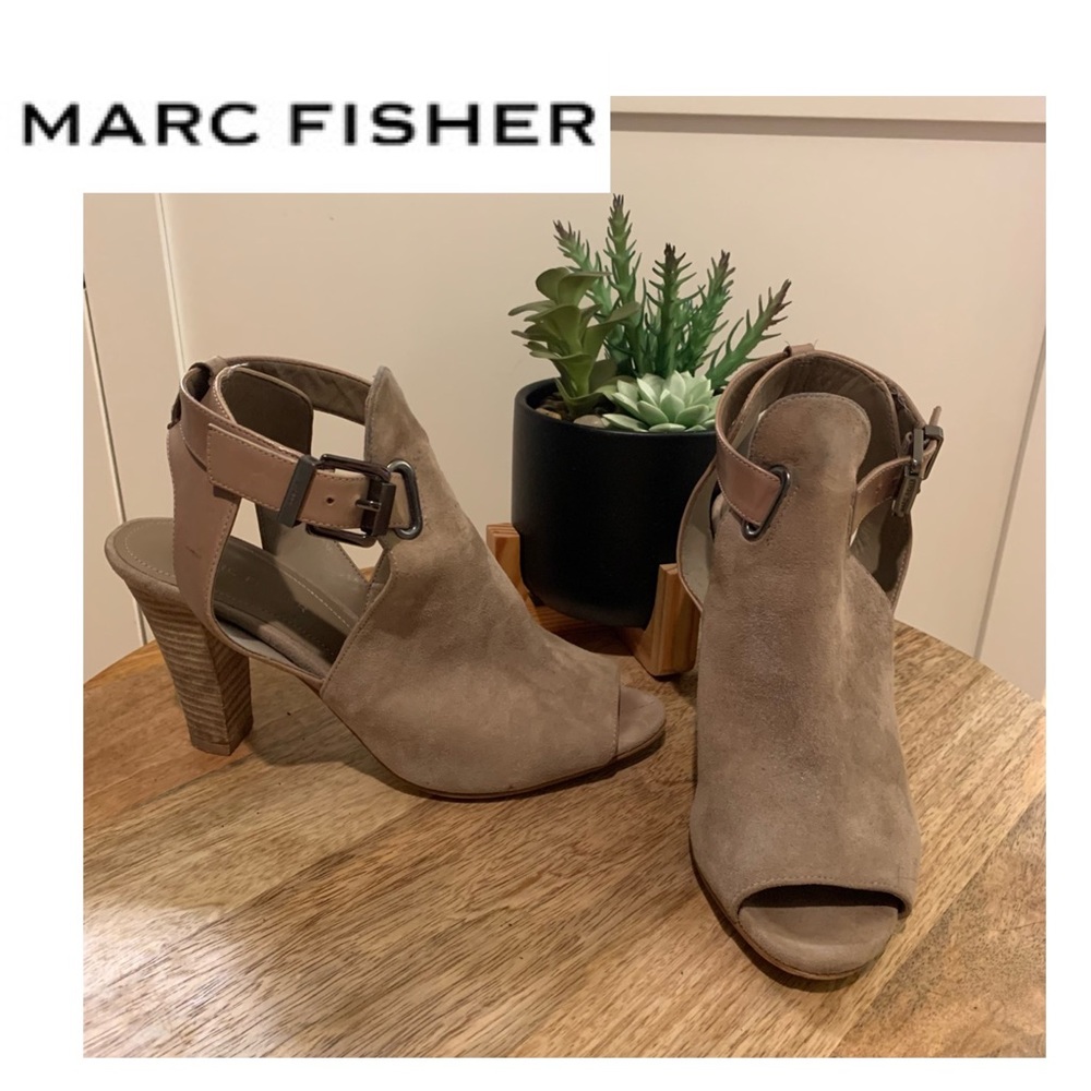 MARC FISHER Taupe Suede Heeled Open Toe Booties